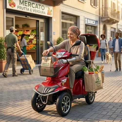 Scooter per disabili utilizzato per raggiungere negozi e svolgere commissioni