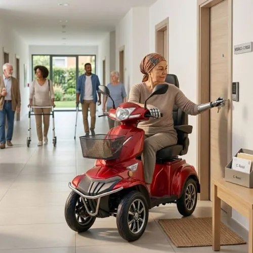 Persona con disabilità utilizza uno scooter per gli spostamenti quotidiani