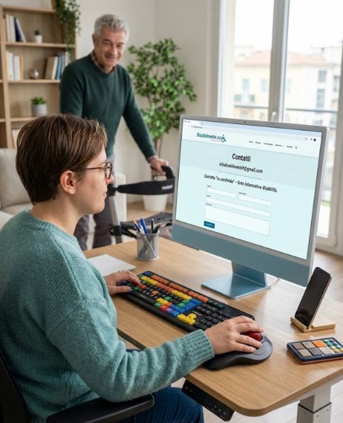 Persona che utilizza un computer per contattare Disabilmente e ricevere informazioni
