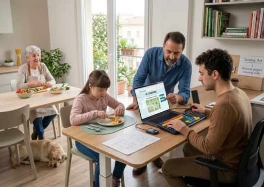Famiglia insieme durante un momento quotidiano dedicato all'autonomia e alla condivisione