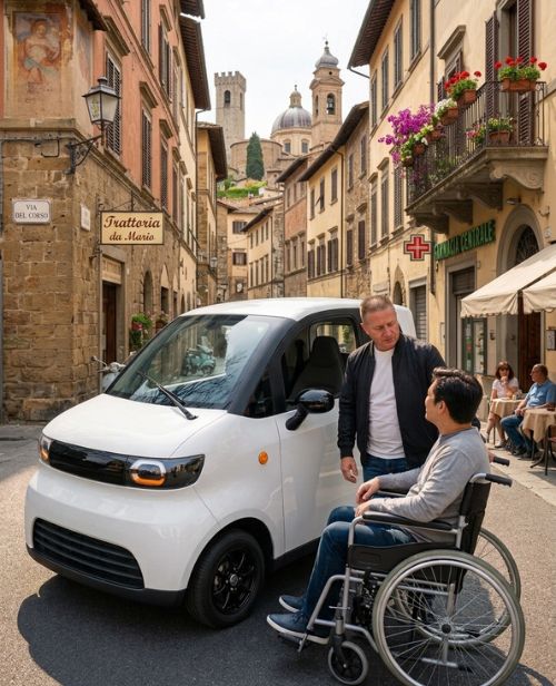 Persona con disabilità e professionista durante un confronto su una soluzione per la mobilità e l'autonomia