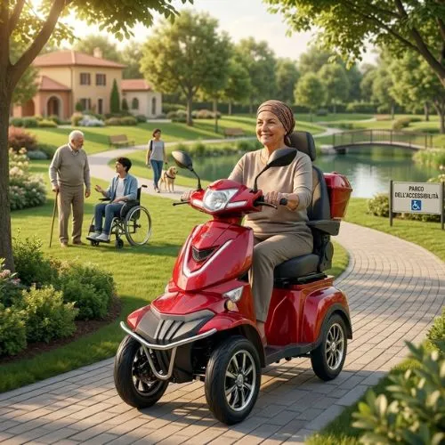 Persona con disabilità utilizza uno scooter in un parco durante il tempo libero