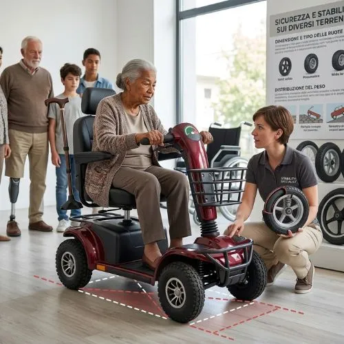 Ruote e stabilità di uno scooter per disabili utilizzato all'aperto