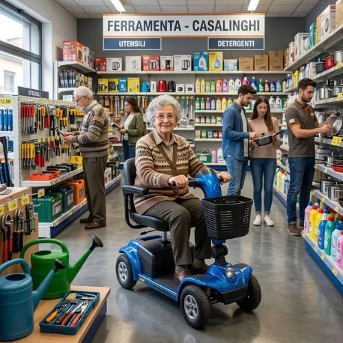 Scooter per disabili utilizzato per entrare in un negozio