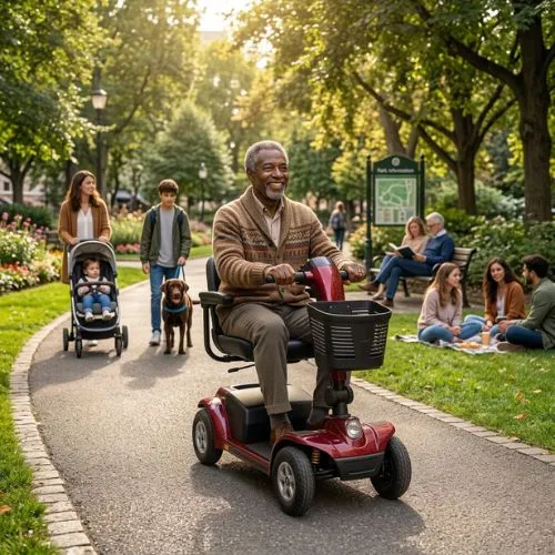 Persona con disabilità utilizza uno scooter in un parco