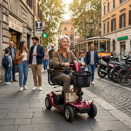 Persona con disabilità utilizza uno scooter per la mobilità in città