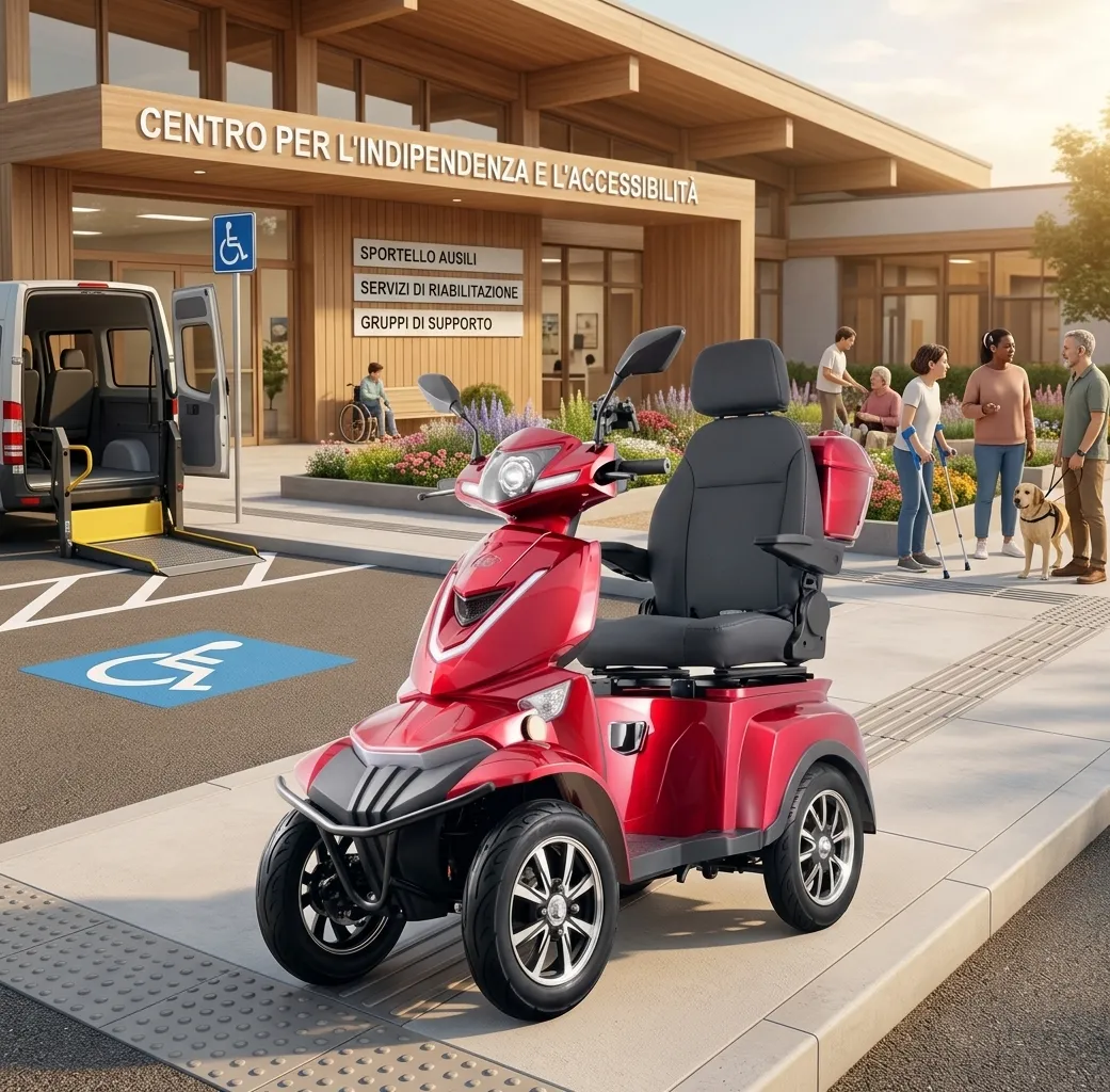 Persona con disabilità utilizza uno scooter per la mobilità all'aperto