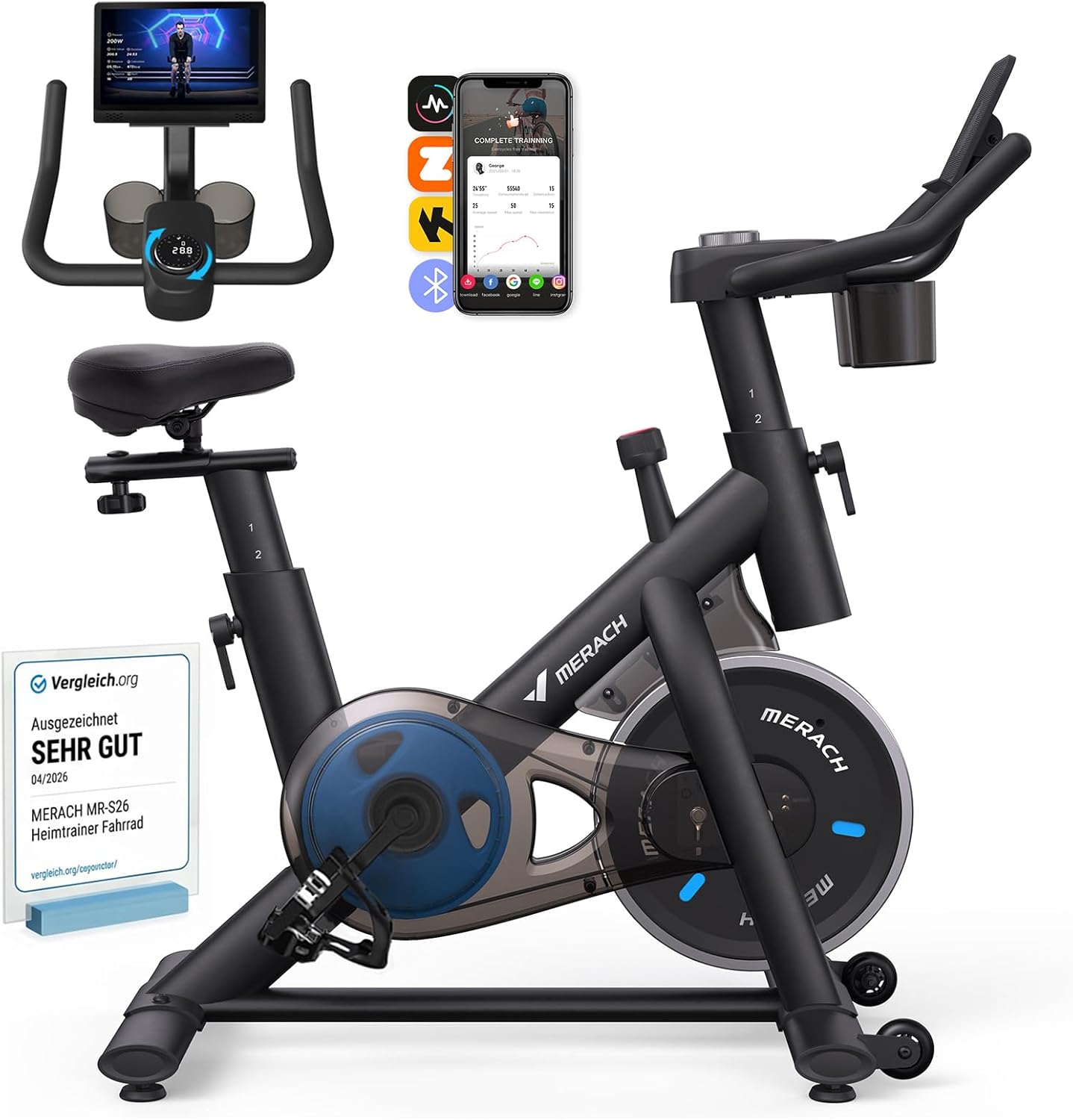 MERACH Cyclette da Casa con Resistenza Regolabile, Bicicletta da Appartamento Silenziosa con Schermo LED Migliorata, Sedile Comodo e Grande, App Esclusiva, Aerobica Domestica, Capacità Massima 136KG