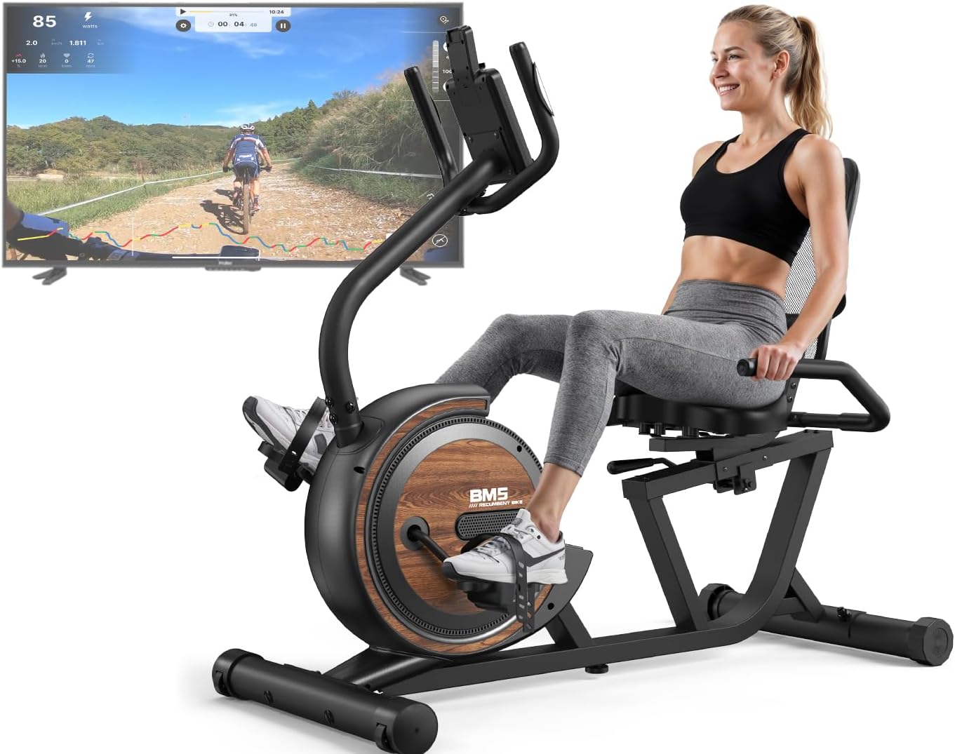BM5, ergometro sdraiato, portata 150 kg, per casa, fitness e riabilitazione, 16 livelli di resistenza magnetica, display autoluminoso, Bluetooth, bicicletta sdraiata